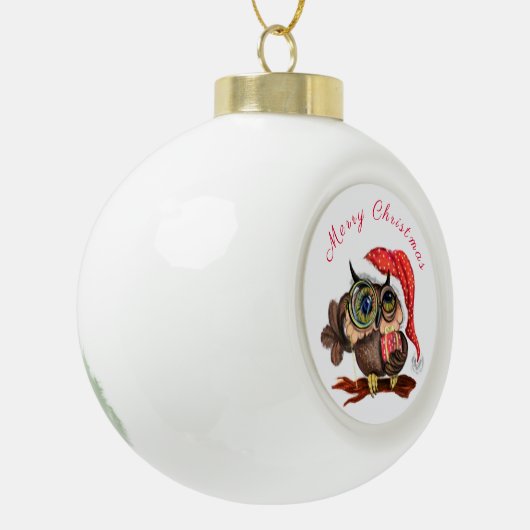 Weihnachtsbaumkuchen Baby Owl in Hut und Geschenk Keramik Kugel-Ornament (Links)