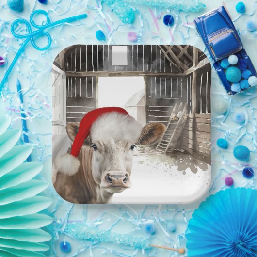 Weihnachtsbaumkuh mit Weihnachtsmannmütze Pappteller (Party)