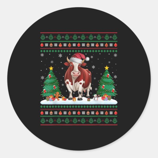 Weihnachtsbaumleuchten Kuh Santa Ugly Xmas Sweater Runder Aufkleber (Vorderseite)