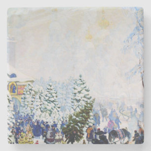 Weihnachtsbaummarkt in Russland (Boris Kustodiev) Steinuntersetzer