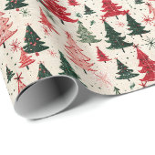 Weihnachtsbaummuster mit roten und grünen Bäumen Geschenkpapier (Rolleneckpunkt)