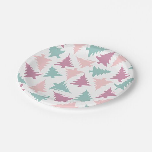 Weihnachtsbaummuster pastellfarben lila grün pappteller (Schrägansicht)