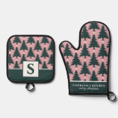 Weihnachtsbaummuster Rosa Grün Mit Monogramm Ofenhandschuh & Topflappen-Set (Vorderseite)
