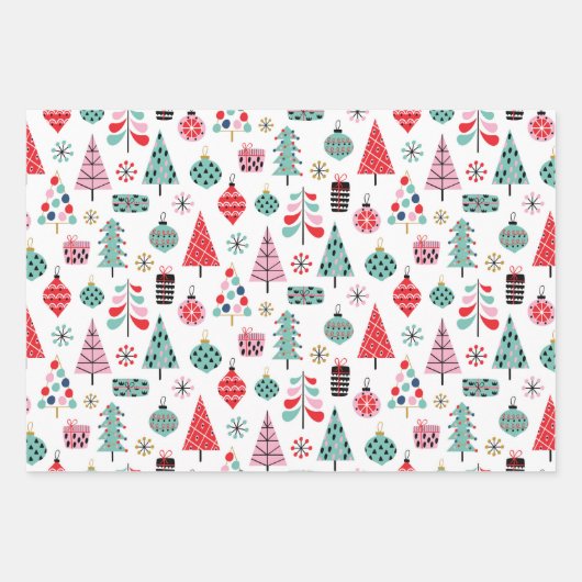 Weihnachtsbaummuster & Streifen | Niedlich modern Geschenkpapier Set (Vorderseite)