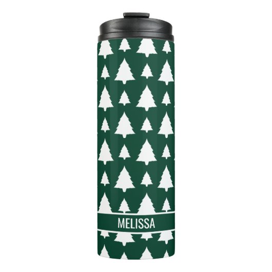 Weihnachtsbaummuster und -name Grün und Weiß Thermosbecher (Vorderseite)