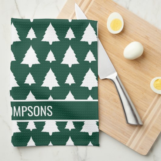 Weihnachtsbaummuster und Text in Grün und Weiß Geschirrtuch (Viertel Falte)