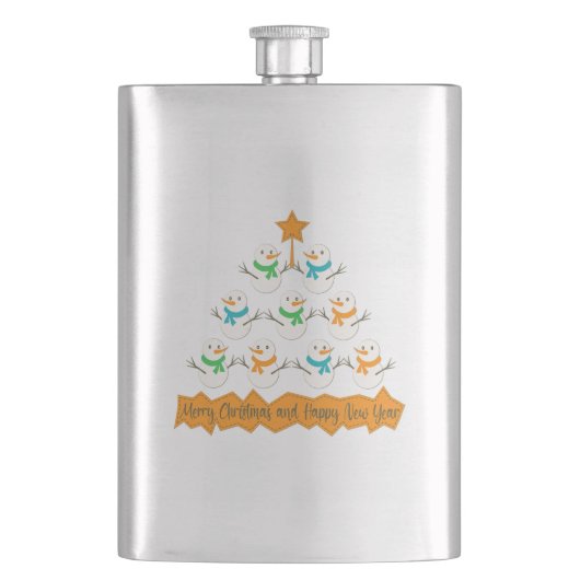 Weihnachtsbaumpyramide aus Weihnachtsschneemännern Flachmann (Vorderseite)
