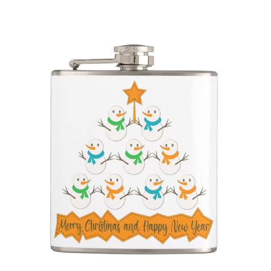 Weihnachtsbaumpyramide aus Weihnachtsschneemännern Flachmann (Vorderseite)