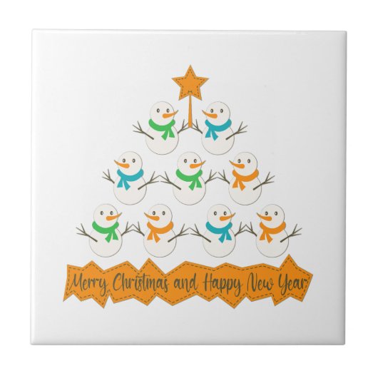 Weihnachtsbaumpyramide aus Weihnachtsschneemännern Fliese (Vorderseite)