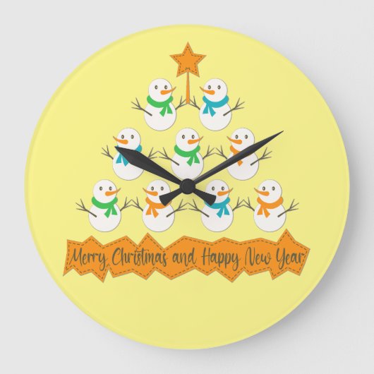 Weihnachtsbaumpyramide aus Weihnachtsschneemännern Große Wanduhr (Vorderseite)