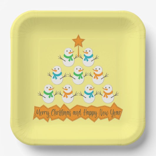 Weihnachtsbaumpyramide aus Weihnachtsschneemännern Pappteller (Vorderseite)