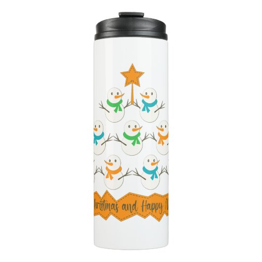 Weihnachtsbaumpyramide aus Weihnachtsschneemännern Thermosbecher (Vorderseite)