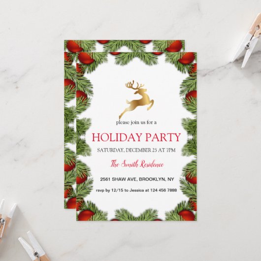 Weihnachtsbaumrahmen, Goldene Rentiere Einladung (Vorderseite/Rückseite Beispiel)