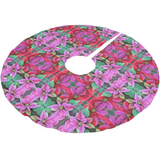 Weihnachtsbaumrock - Rosa/Rote Poinsettias. Polyester Weihnachtsbaumdecke (Schrägansicht)