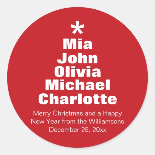 Weihnachtsbaumrot-weiße individuelle Namen modern Runder Aufkleber (Vorderseite)