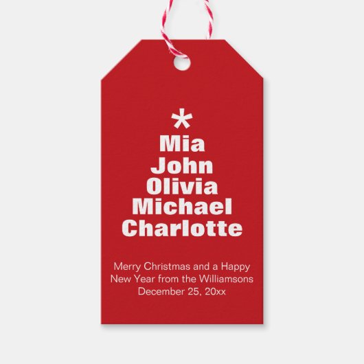 Weihnachtsbaumrot-weiße individuelle Namen Moderne Geschenkanhänger (Vorderseite)