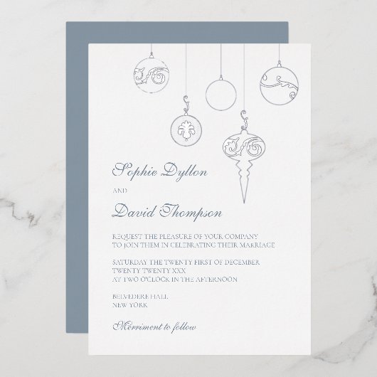 Weihnachtsbaumschmuck Eisblauer Hochzeitstil Folieneinladung (Vorderseite/Rückseite)