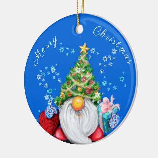 Weihnachtsbaumschmuck Gnome mit Geschenken Keramik Ornament (Links)
