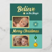 Weihnachtsbaumstars Schneeflocken Foto grün Folien Feiertagskarte (Vorderseite)