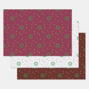 Weihnachtsbaumsterne auf weiß und rot geschenkpapier set