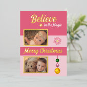 Weihnachtsbaumsterne, Schneeflocken-Foto pink Folien Feiertagskarte (Stehend vorne)