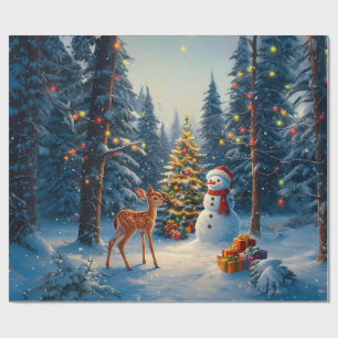 Weihnachtsbaumszene Süßer Hirsch Reh Schneemann Geschenkpapier