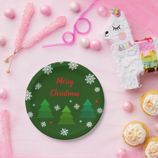 Weihnachtsbaumwald, Schneeflocken, rote blaue Punk Pappteller (Party)