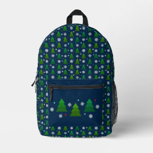 Weihnachtsbaumwald, Schneeflocken und roter blauer Bedruckter Rucksack