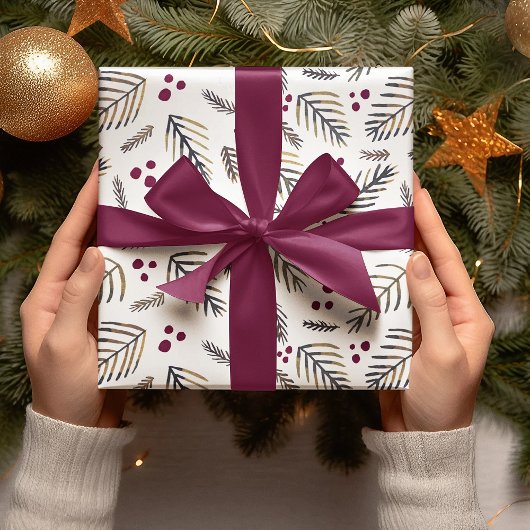 Weihnachtsbaumzweige und -beeren - Bordeaux Geschenkpapier Set