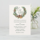 Weihnachtsbeere, Kiefernkiefer-Monogramm Hochzeit Einladung (Stehend Vorderseite)