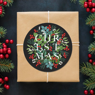 Weihnachtsbeeren Grünzeug Schwarz Runder Aufkleber