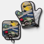 'Weihnachtsbegegnungen' Malerei auf einem Ofenhandschuh & Topflappen-Set (Vorderseite/Rückseite)