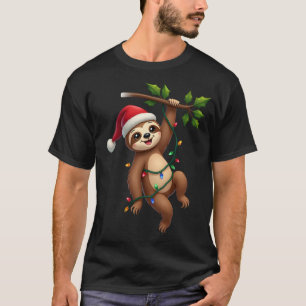 Weihnachtsbeleuchtung Faultier mit Weihnachtsmannm T-Shirt