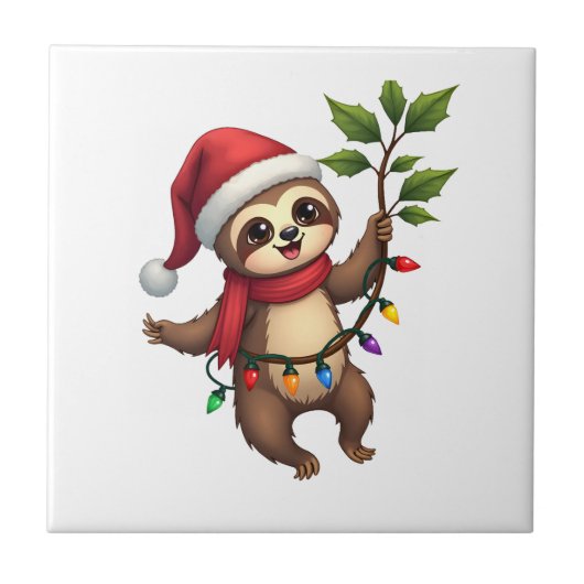 Weihnachtsbeleuchtung Faultier mit Weihnachtsmütze Fliese (Vorderseite)