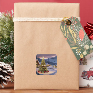 Weihnachtsbeleuchtung Landschaft mit Schnee Quadratischer Aufkleber