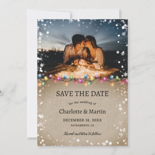 Weihnachtsbeleuchtung Schneeflocken Hochzeitssomme Save The Date (Vorderseite)
