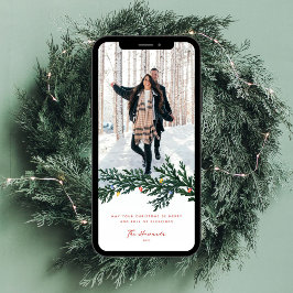 Weihnachtsbeleuchtung und Foto im Grünen Feiertagskarte