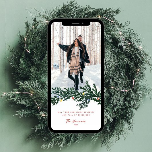 Weihnachtsbeleuchtung und Foto im Grünen Feiertagskarte