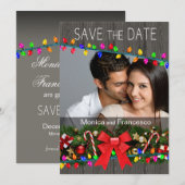 Weihnachtsbeleuchtung Woodgrain Foto Save the Date Einladung (Vorne/Hinten)