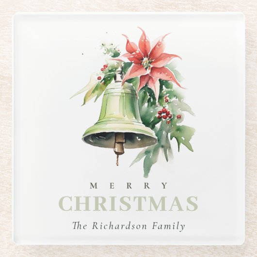 Weihnachtsbell Pine Poinsettia Foliage Wasserfarbe Glasuntersetzer (Vorderseite)