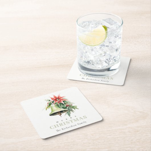 Weihnachtsbell Pine Poinsettia Foliage Wasserfarbe Rechteckiger Pappuntersetzer (Vor Ort)