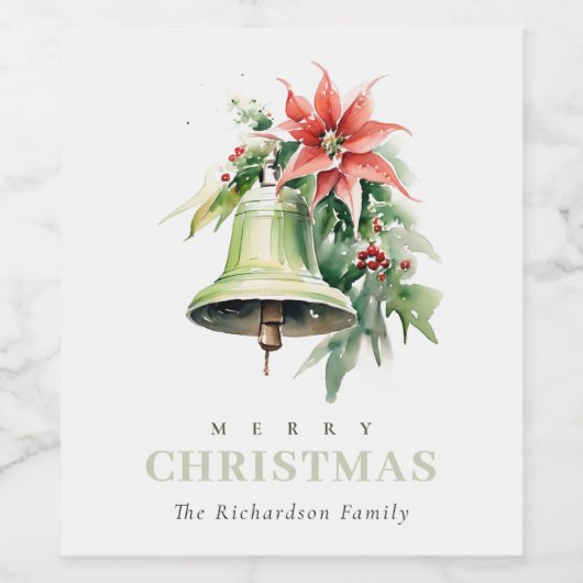 Weihnachtsbell Pine Poinsettia Foliage Wasserfarbe Weinetikett (Einzelnes Label)