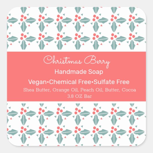 Weihnachtsberries Handmade Soap Beauty Branding Quadratischer Aufkleber (Vorderseite)