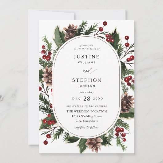 Weihnachtsberries & Pine Wedding Einladung (Vorderseite)