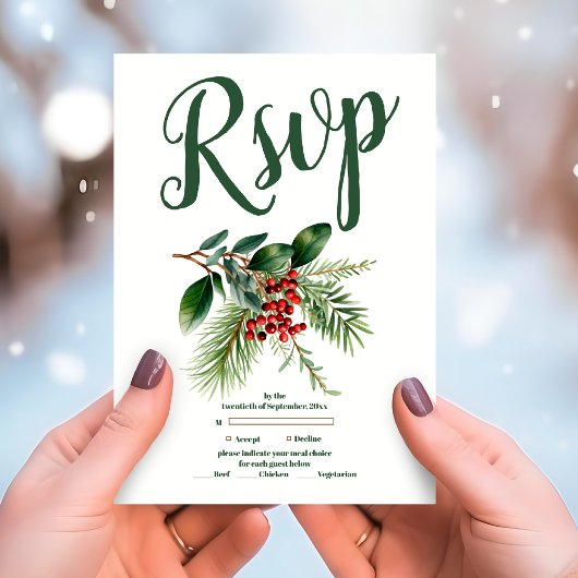 Weihnachtsberries & Pine Wedding RSVP Karte