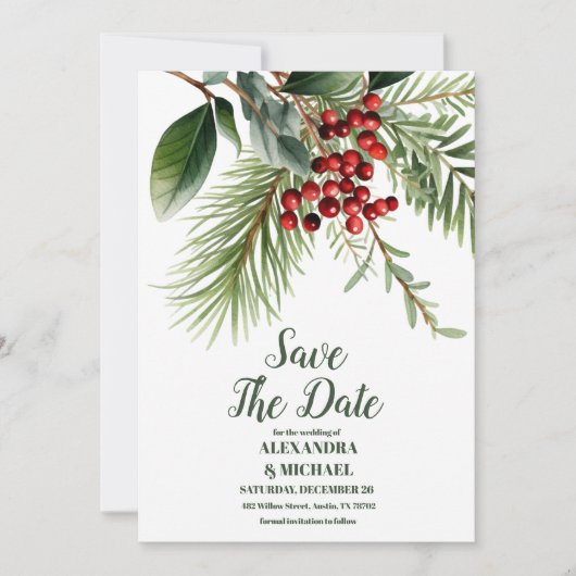 Weihnachtsberries & Pine Wedding Save The Date (Vorderseite)