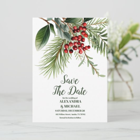 Weihnachtsberries & Pine Wedding Save The Date (Stehend Vorderseite)
