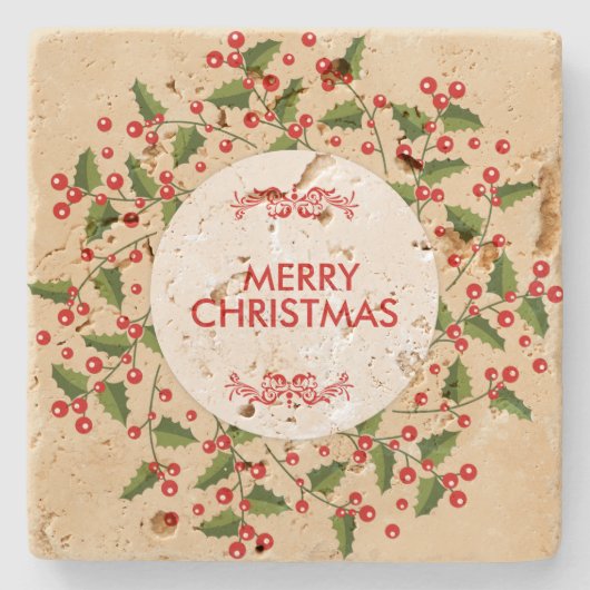 Weihnachtsberries und Evergreen Kranz Steinuntersetzer (Vorderseite)