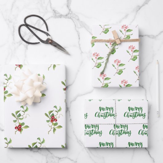 Weihnachtsberries und Foliage Assorted Gift Wrap Geschenkpapier Set (Vorderseite)