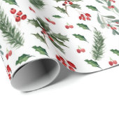 Weihnachtsberries und Grüne Blätter Muster Geschenkpapier (Rolleneckpunkt)